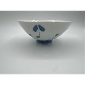 Hand Painted Japanese Style Rice Bowl Blue Green Floral Pattern Small Footed